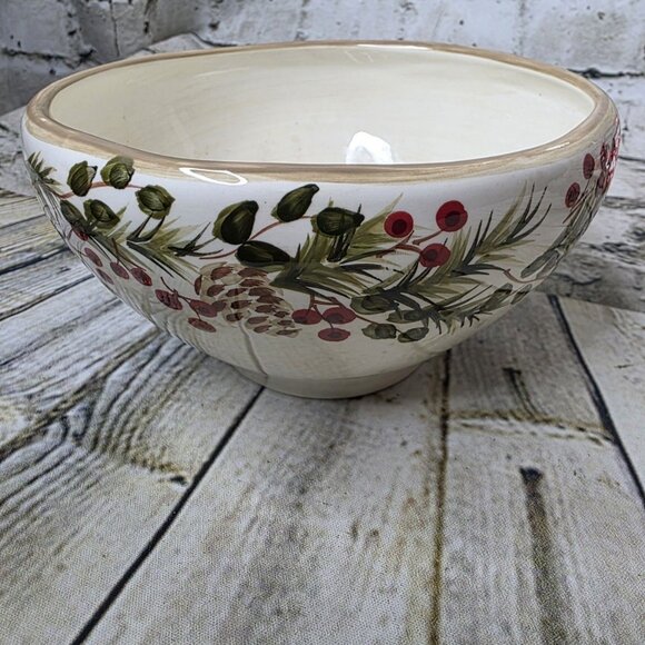 Home Holiday Pine Cone Bowl Red Green Brown on Cream 5.5" - Picture 1 of 6